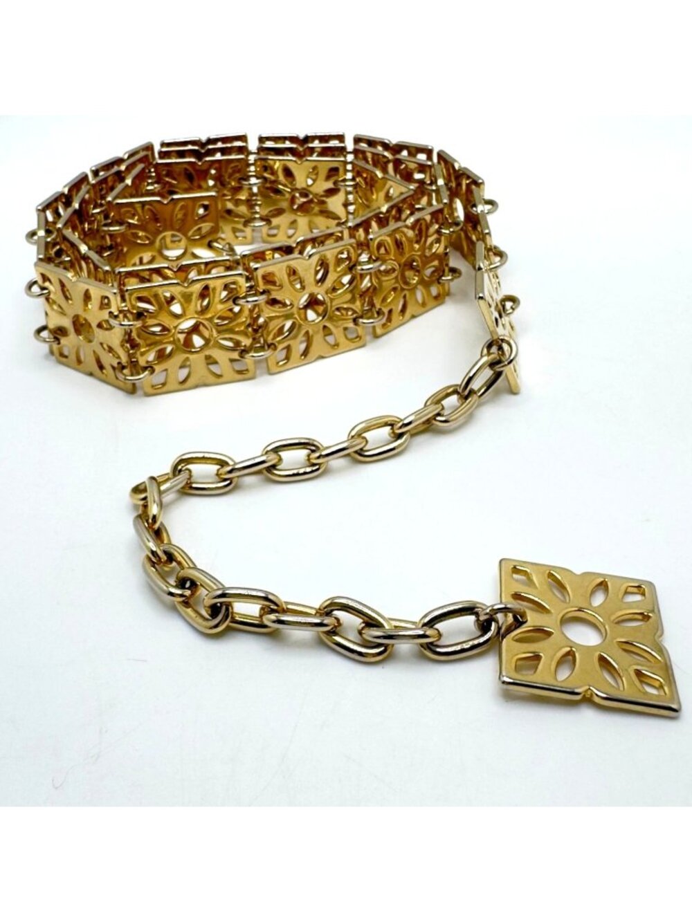 Gold-Tone Floral Cutout Chain Link Metal Belt Adjustable Length Retro Vintage